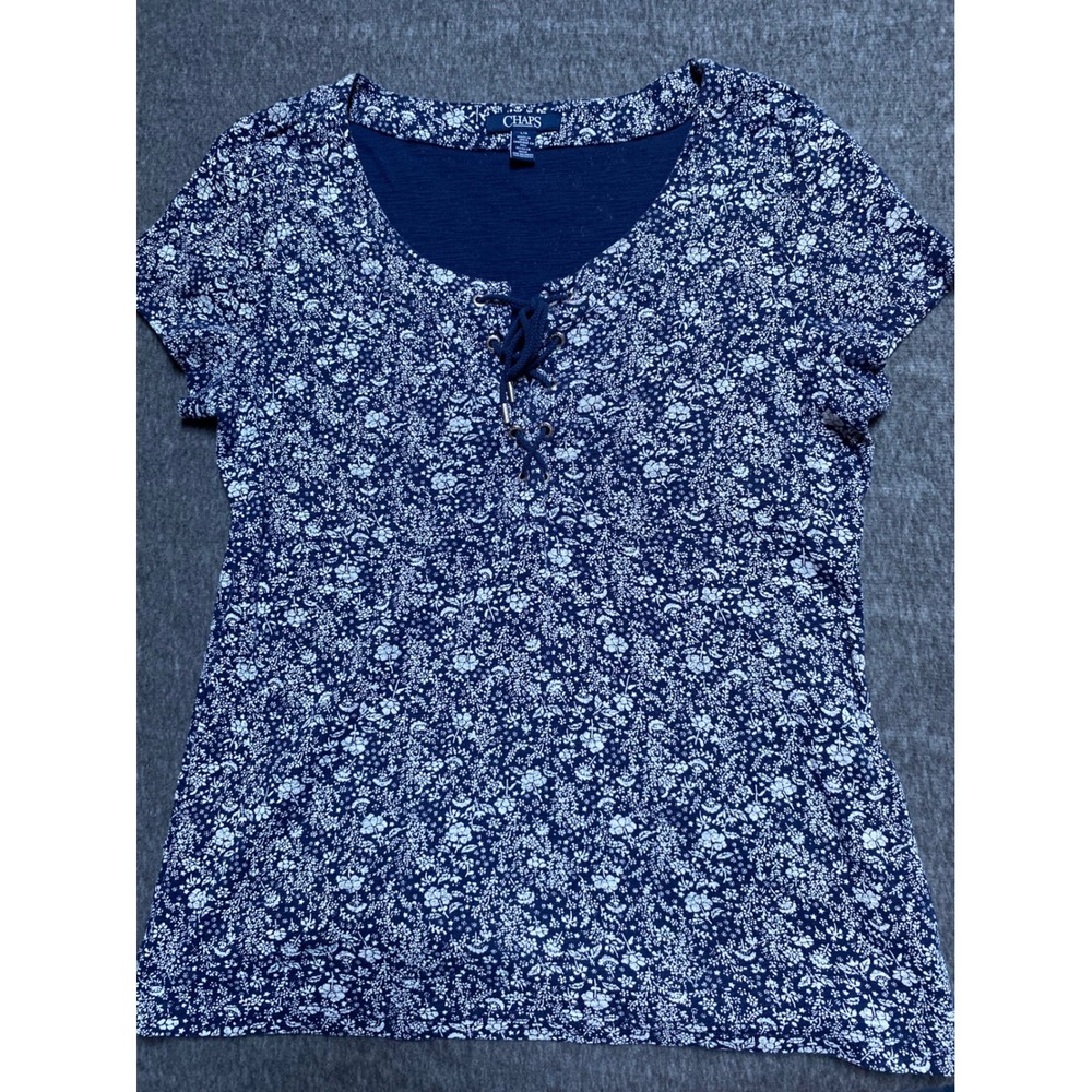 Chaps Womens Navy Blue Floral Lace Up Short Sleeve Cotton Top Size Large Tee
